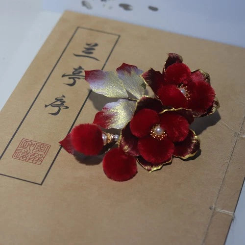 Chinese Style Velvet Flower Hairpin Hanfu Headpiece Red Camellia Hair Clip 07FC0E-D4 - KOEEK