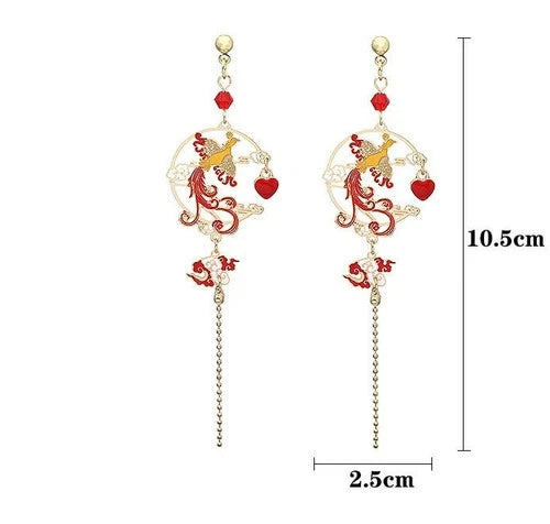 Chinese Style Hanfu Earrings Red Phoenix Peacock Long Ear Hooks Vintage Jewelry 07FC0E-D4 - KOEEK