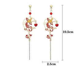 Chinese Style Hanfu Earrings Red Phoenix Peacock Long Ear Hooks Vintage Jewelry 07FC0E-D4 - KOEEK