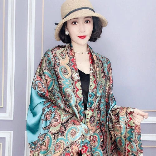 Satin Long Scarf Sun Protection Wrap Shawl Beach Cover Ethnic Style Qipao Scarf 07FC0E-D4 - KOEEK