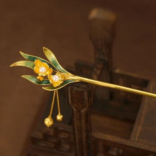 Cloisonne Daffodil Hairpin Chinese Style Tassel Hanfu Traditional Hair Jewelry 07FC0E-D4 - KOEEK