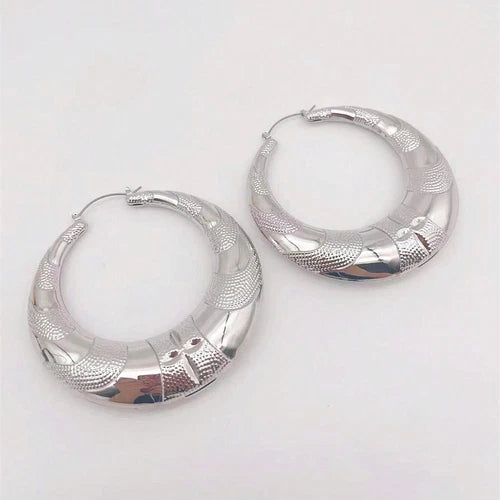 Crescent Bamboo Hoop Earrings Set Women Jewelry Textured Large Design 2 Pairs 07FC0E-D4 - KOEEK
