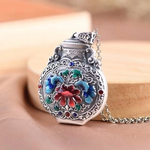 Cloisonne Enamel Double Sided Ruyi Vase Peony Pendant Vintage Ethnic Style 07FC0E-D4 - KOEEK