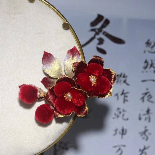 Chinese Style Velvet Flower Hairpin Hanfu Headpiece Red Camellia Hair Clip 07FC0E-D4 - KOEEK