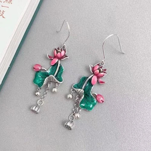 Cloisonne Lotus Leaf Tassel Earrings Vintage Ethnic Long Dangle Jewelry 07FC0E-D4 - KOEEK