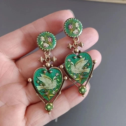 Vintage Peace Dove Earrings Heart Green Enamel Unique Retro Dangle Drops 07FC0E-D4 - KOEEK