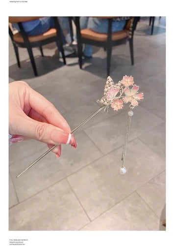 Butterfly Peach Blossom Tassel Hairpin Chinese Style Hanfu Hair Accessory 07FC0E-D4 - KOEEK