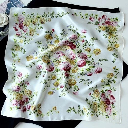 Pure Silk 21" Small Square Scarf Women Neckerchief Black White Flower Wrap 07FC0E-D4 - KOEEK