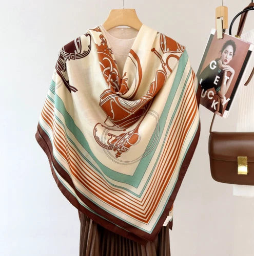 70% Cashmere 30% Silk Shawl 53'' Neckerchief Scarf carriage Print Bandanna 07FC0E-D4 - KOEEK