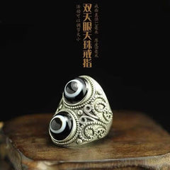 Nepal Tibetan Double Eye Dzi Agate Adjustable Ring Unisex Open Band Jewelry 07FC0E-D4 - KOEEK