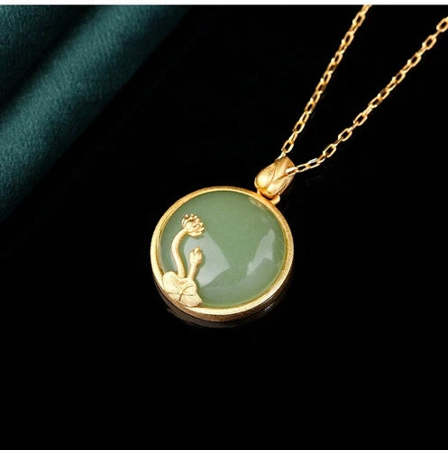 Vintage 925 Silver Gold-Plated Jade Jadeite Pendant Necklace with Lotus Blossom 07FC0E-D4 - KOEEK
