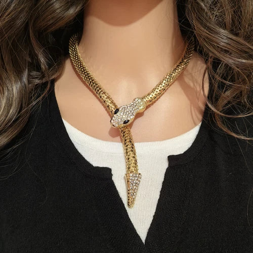 Punk Snake Choker Necklace Gold Tone Full Rhinestone Magnetic Jewelry for Women 07FC0E-D4 - KOEEK