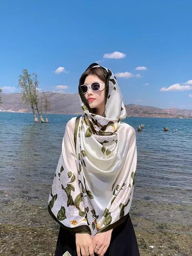 Satin Scarf 180x80CM Gardenia Print Shawl Lightweight Summer Wrap for Women 07FC0E-D4 - KOEEK