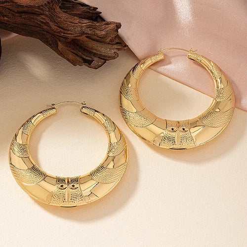 Crescent Bamboo Hoop Earrings Set Women Jewelry Textured Large Design 2 Pairs 07FC0E-D4 - KOEEK