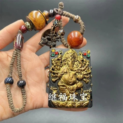 Hongshan Culture Jade Artifact Antique Black Meteorite Gold Gilded Pendant 07FC0E-D4 - KOEEK