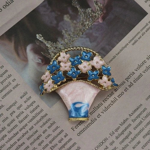 Western Vintage Enamel Craft Flower Basket Brooch Lapel Pin 07FC0E-D4 - KOEEK