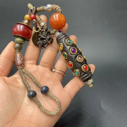 Antique Meteorite 20 Eyes Dzi Bead Handheld Pendant Inlaid Multicolor Beads 07FC0E-D4 - KOEEK