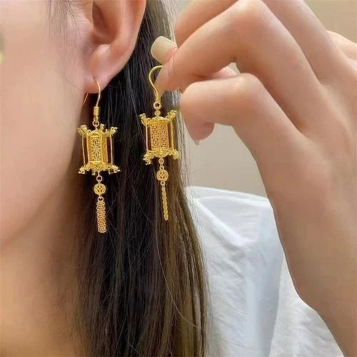 Lotus Lantern Earrings Gold Enamel Chinese Style Vintage Jewelry Gift 07FC0E-D4 - KOEEK
