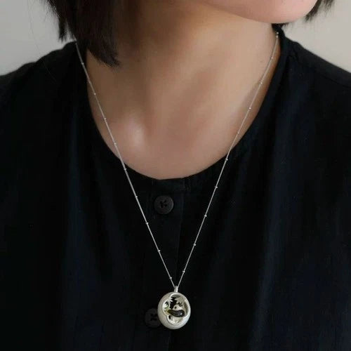 Moonstone Pendant Necklace Panda Garden Motif Cold Enamel Long Jewelry 07FC0E-D4 - KOEEK