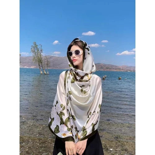 Satin Scarf 180x80CM Gardenia Print Shawl Lightweight Summer Wrap for Women 07FC0E-D4 - KOEEK