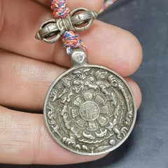 Tibetan White Copper Nine Palaces Tag Mahakala Wealth God Bag Charm with Rope 07FC0E-D4 - KOEEK