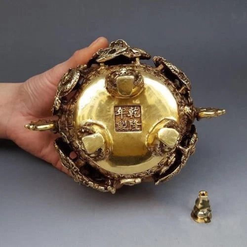 7" Chinese Brass Gilt 9 Dragon Incense Burner Censer Incensory Burner Statue 07FC0E-D4 - KOEEK