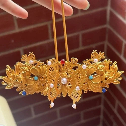 Golden Butterfly Tassel Hairpin Hanfu Headdress Traditional Bridal Hair Jewelry 07FC0E-D4 - KOEEK