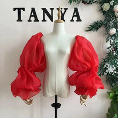 RED Organza Puffy Detachable Sleeve Wedding Party Length Gloves Accessories 07FC0E-D4 - KOEEK