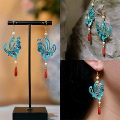 Enamel Phoenix Earrings Tassel Red Agate Vintage Chinese Style Jewelry For Women 07FC0E-D4 - KOEEK
