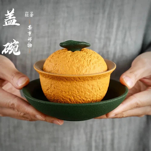 Chinese Sancai Gaiwan Handmade Pottery Tea Cup Bowl Orange Shape Tea Tureen 07FC0E-D4 - KOEEK