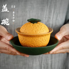 Chinese Sancai Gaiwan Handmade Pottery Tea Cup Bowl Orange Shape Tea Tureen 07FC0E-D4 - KOEEK