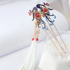 Hanfu Headpiece Set Tassel Hair Pins Chinese Vintage Costume Hair Accessory 07FC0E-D4 - KOEEK