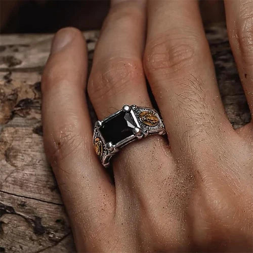 Vintage Black Stone Ring Adjustable Punk Style Hip Hop Fashion Jewelry for Men 07FC0E-D4 - KOEEK
