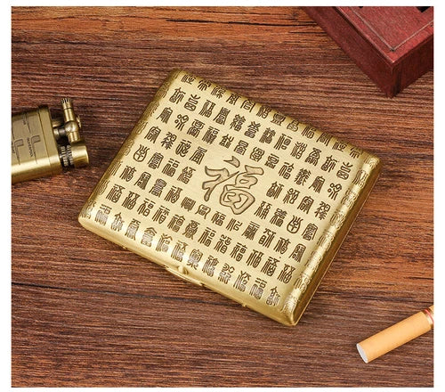 Vintage Metal Gold Good Luck Cigarette Case Double Sided Box Men Tobacco Holder 07FC0E-D4 - KOEEK