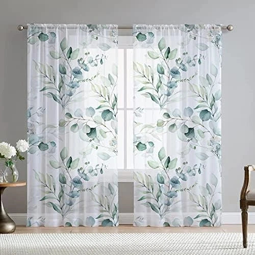 Green Eucalyptus Leaves Curtains for Living Room 96 inch Length 2 Panels Set 07FC0E-D4 - KOEEK