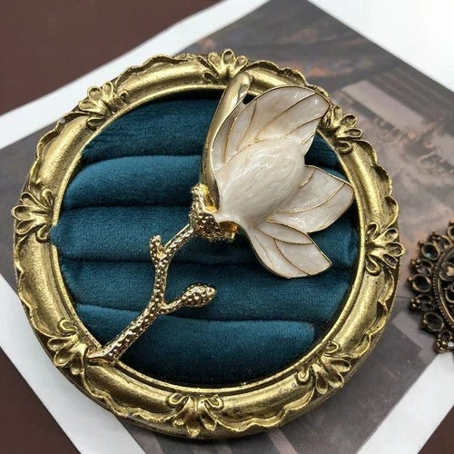 Vintage Enamel Magnolia Flower Brooch Earrings Set Retro Style Jewelry 07FC0E-D4 - KOEEK