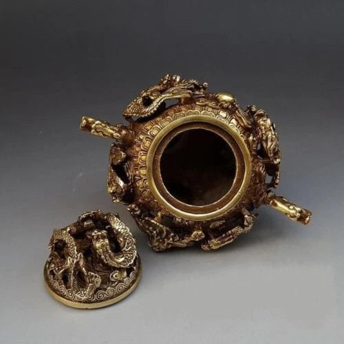 7" Chinese Brass Gilt 9 Dragon Incense Burner Censer Incensory Burner Statue 07FC0E-D4 - KOEEK