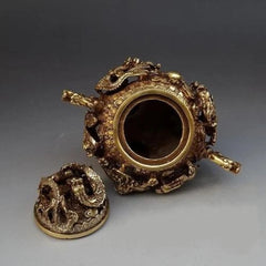 7" Chinese Brass Gilt 9 Dragon Incense Burner Censer Incensory Burner Statue 07FC0E-D4 - KOEEK