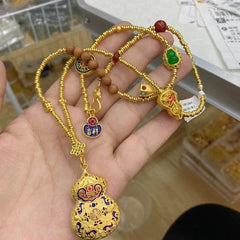 Vintage Cloisonné Gold Gourd Pendant - Chinese Lucky Enamel Sweater Chain Women 07FC0E-D4 - KOEEK