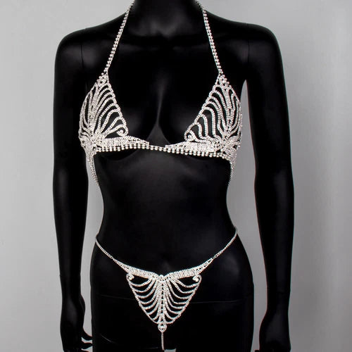 Women's Rhinestone Chain Lingerie Bra Thong Set Bikini Body Jewelry Chain Gift！！ 07FC0E-D4 - KOEEK