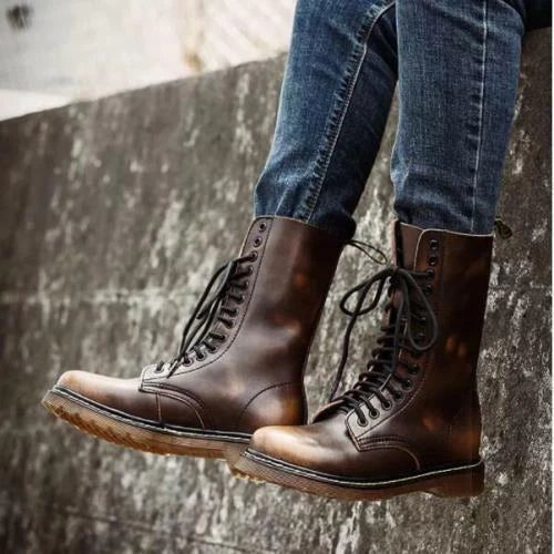 Retro Military High Quality Boots Cowhide Leather Boot Round Toe Long Tube Gift 07FC0E-D4 - KOEEK