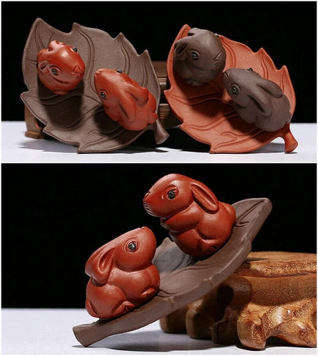 7.3'' Creative Tea Pet Home Decoration Rabbit on Leaf Statue House Warming Gift 07FC0E-D4 - KOEEK
