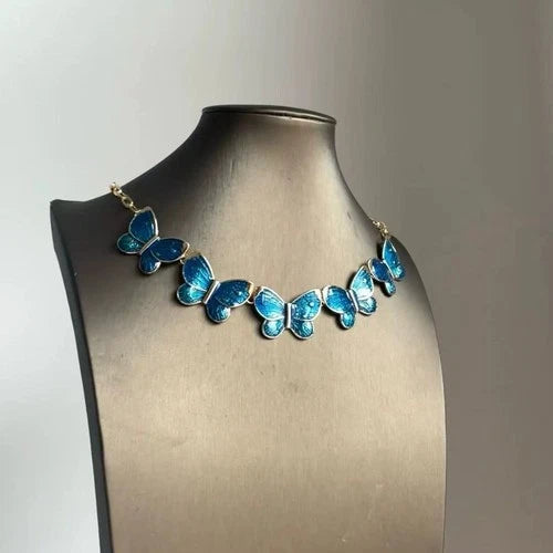 Vintage Blue Enamel Butterfly Necklace Choker Pendant Gothic Style Jewelry 07FC0E-D4 - KOEEK