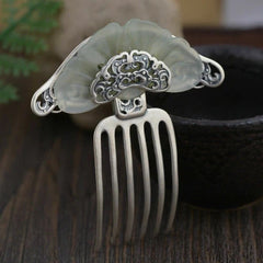Tradition Chinese Artworks Hetian Jade Silver Hairpin Hair Clasp Accessory 07FC0E-D4 - KOEEK