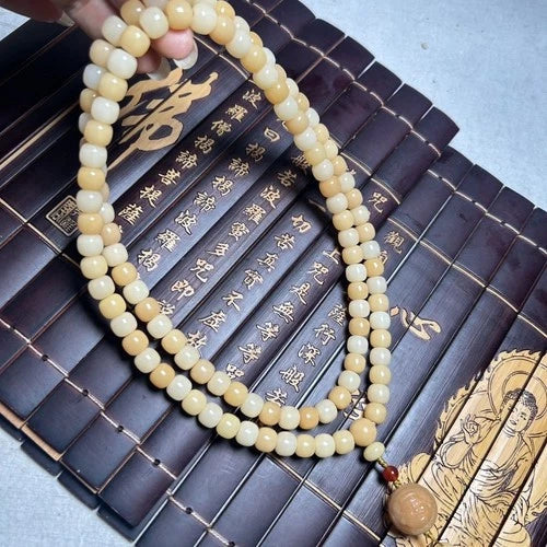 White Jade Bodhi Root Bracelet 108 Beads Multiple Circles Buddha Beads Unisex 07FC0E-D4 - KOEEK
