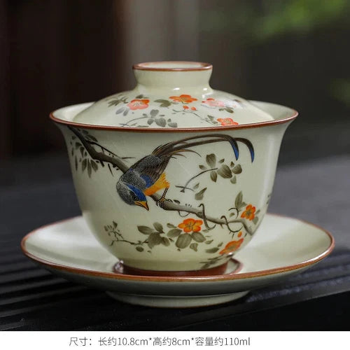 Handmade Gaiwan Chinese Teacup Hand-painted Flowers Sancai Tea Tureen Tea Bowl 07FC0E-D4 - KOEEK