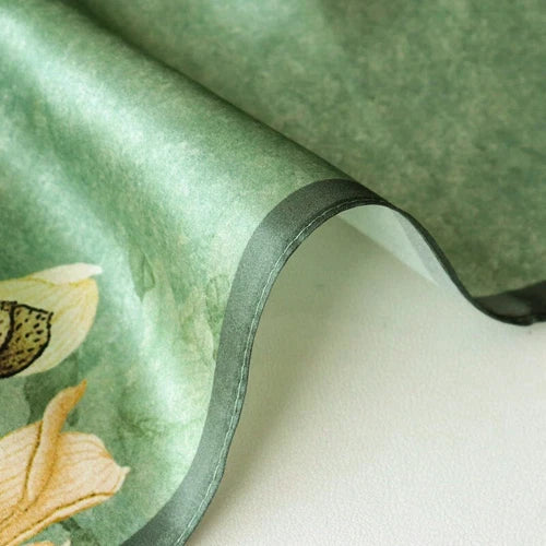 Silk Scarf Women Vintage Green Flowers Kerchief Square Bandana Wrap 68*68cm 07FC0E-D4 - KOEEK