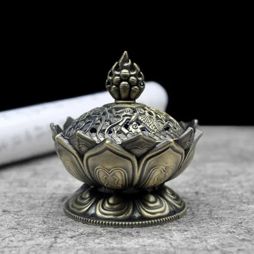 Lotus Flower Incense Burner Buddhism Holder Brass Mini Sandalwood Censer Incense 07FC0E-D4 - KOEEK