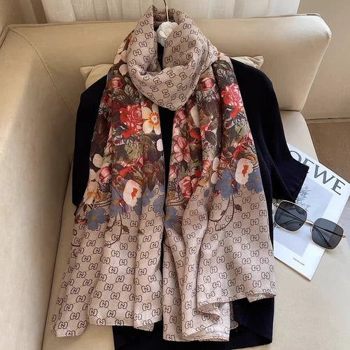 Cotton Linen Scarf 180x80CM Gray Brown Floral Print Long Wrap Shawl for Women 07FC0E-D4 - KOEEK