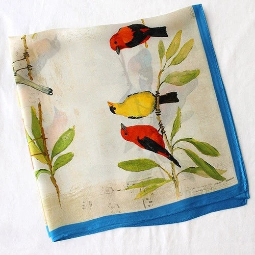 Silk 21" Square Scarf Women Kerchief Bandana Neckerchief Blue Beige Birds 07FC0E-D4 - KOEEK